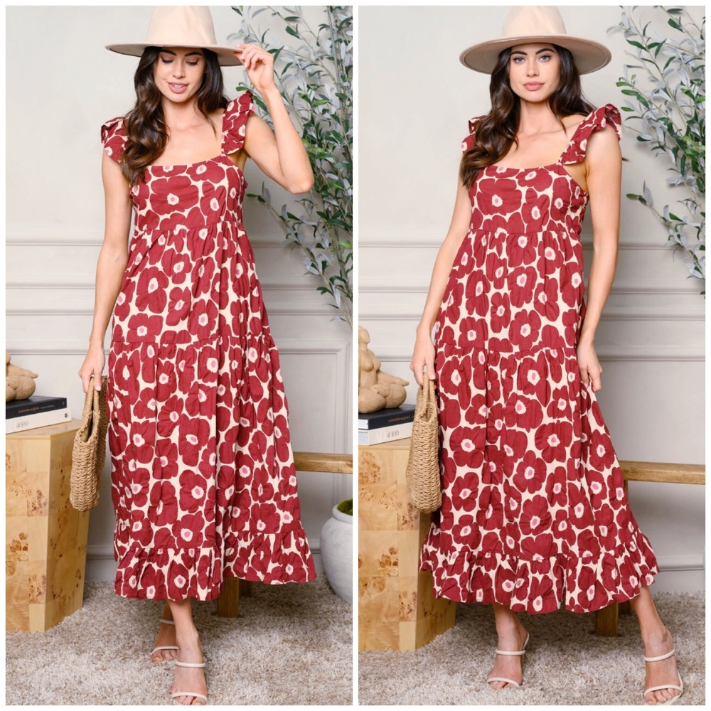 JACQUIE THE LABEL Boho Chic Burgundy Floral Tiered Maxi Dress - Picture 3 of 5